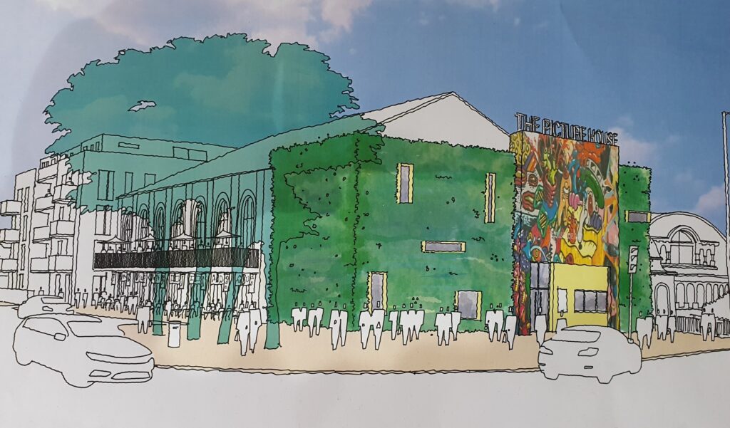 Sketch of what Picture House might look like with a big green wall and funky mural